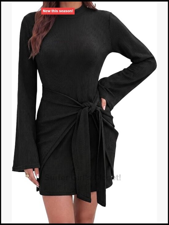 Dresses & Skirts - Bodycon Ribbed Knit Bell Sleeve Tie Waist Mini Dress Party